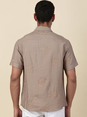 Thomas Scott Men Beige Regular Fit Short Sleeves Cuban Collar Embroidered Shirt