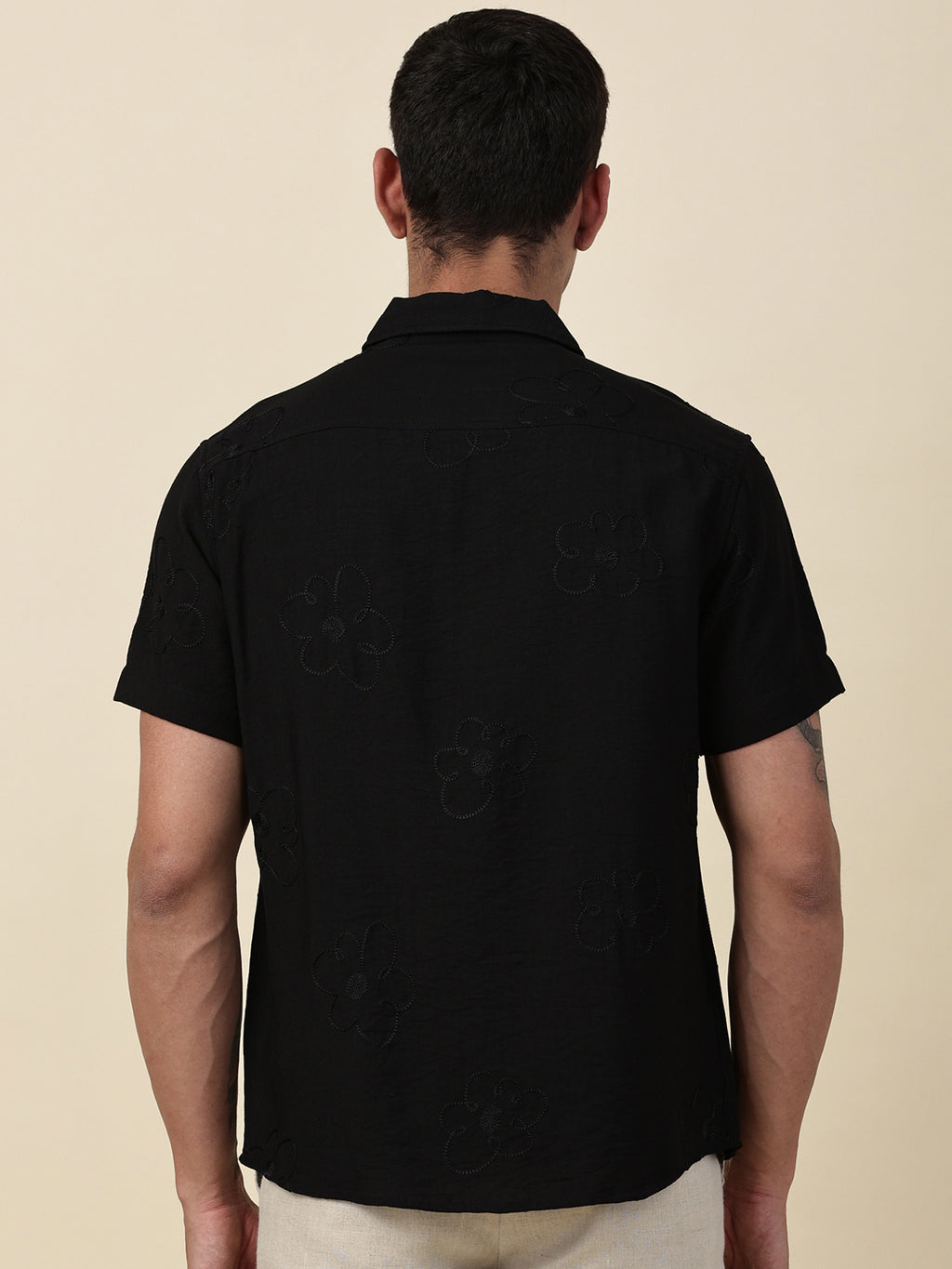 Thomas Scott Men Black Regular Fit Short Sleeves Cuban Collar Embroidered Shirt