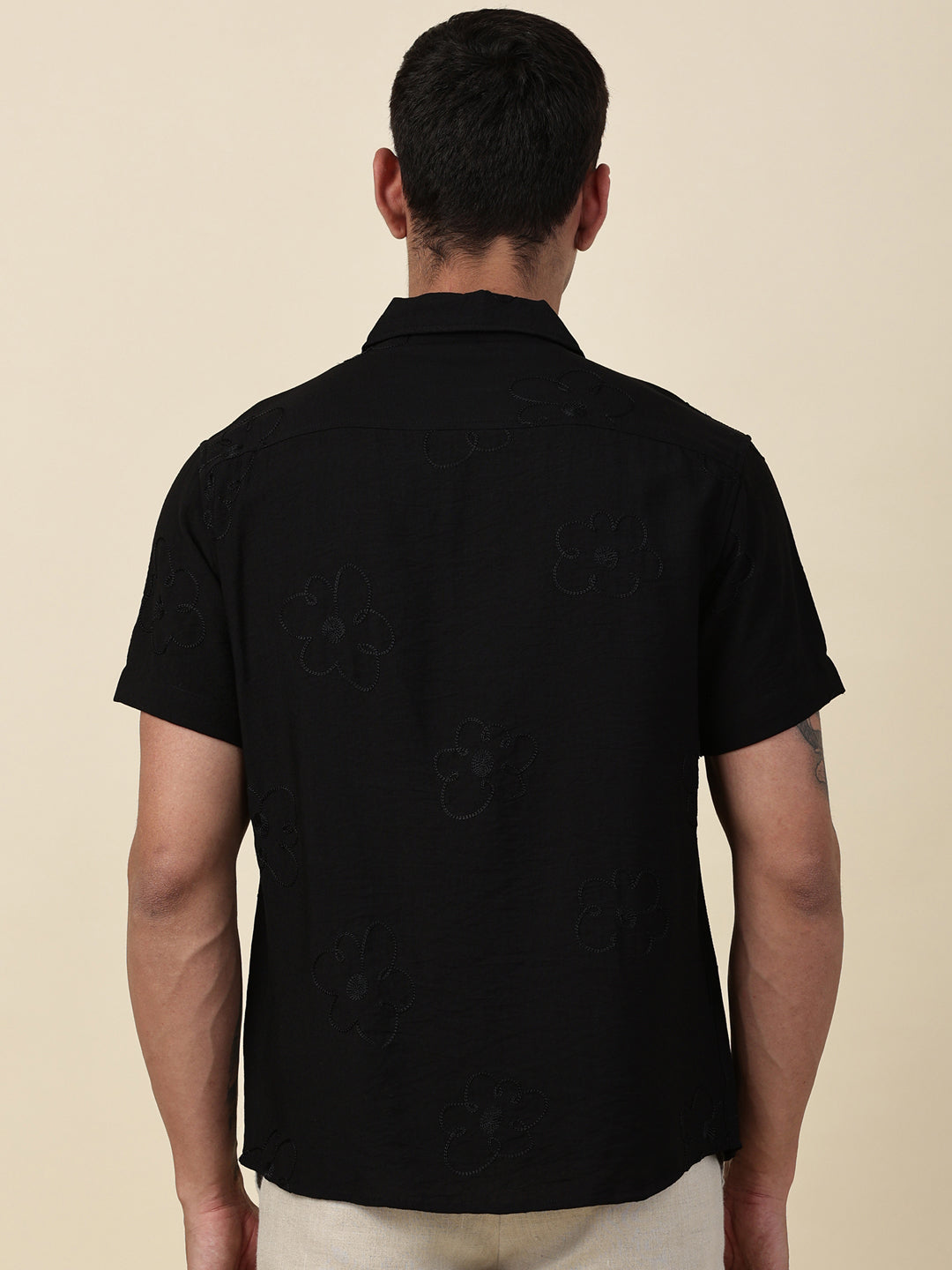 Thomas Scott Men Black Regular Fit Short Sleeves Cuban Collar Embroidered Shirt