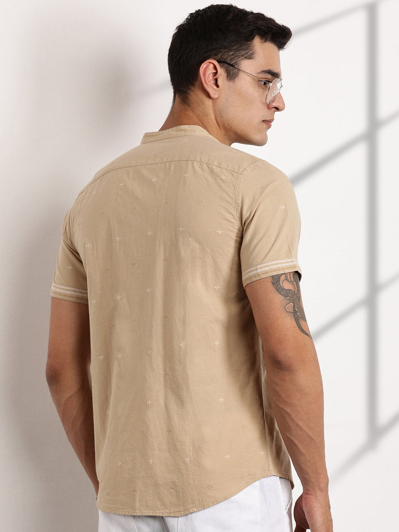 Thomas Scott Men Beige Slim Fit Short Sleeve Mandarin Collar Cotton Casual Shirt