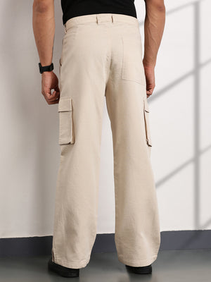 Thomas Scott Men Cream Mid-Rise Relaxed Fit Woven Cargo Trousers