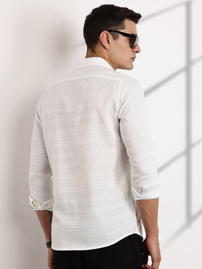 Thomas Scott Men White Slim Fit Cutaway Collar Long Sleeves Self Design Casual Shirt