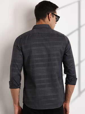 Thomas Scott Men Grey Slim Fit Cutaway Collar Long Sleeves Self Design Casual Shirt