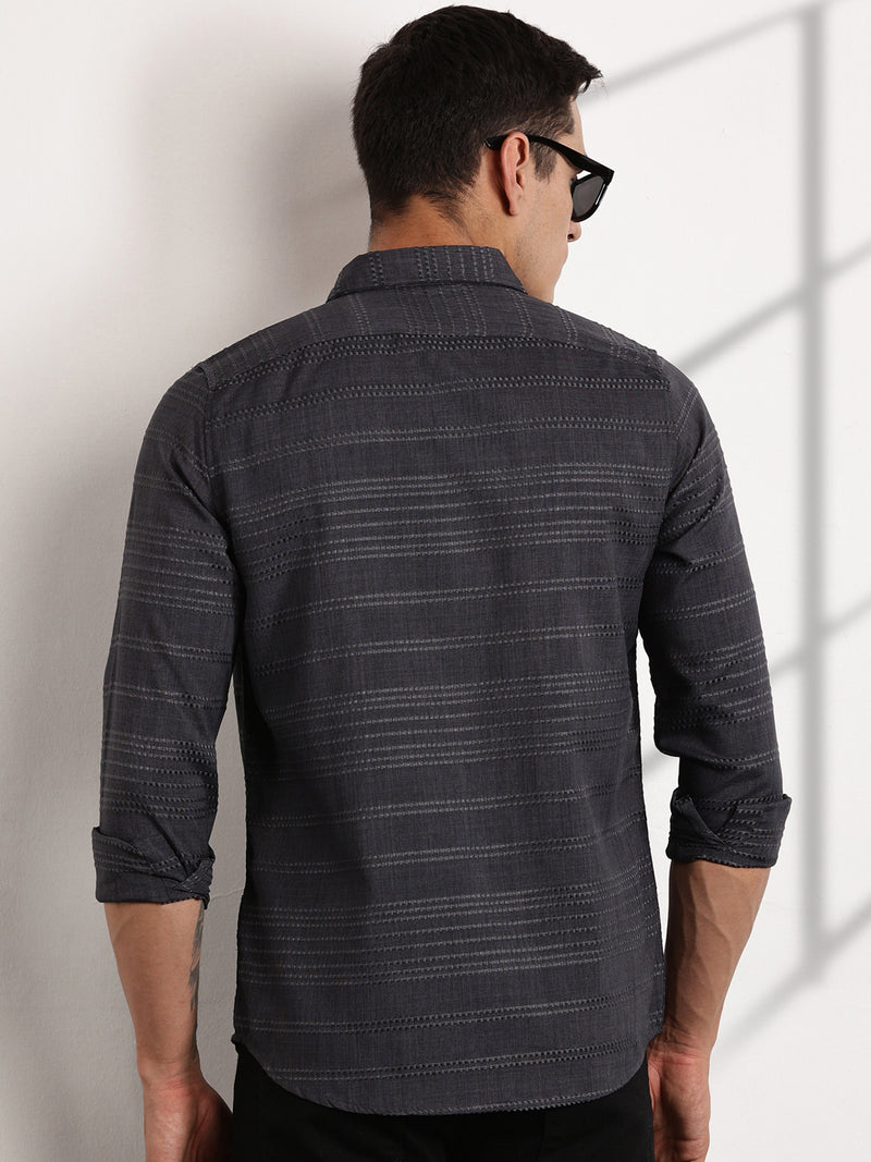 Thomas Scott Men Grey Slim Fit Cutaway Collar Long Sleeves Self Design Casual Shirt