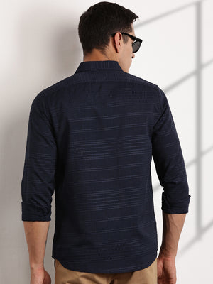 Thomas Scott Men Navy Slim Fit Cutaway Collar Long Sleeves Self Design Casual Shirt