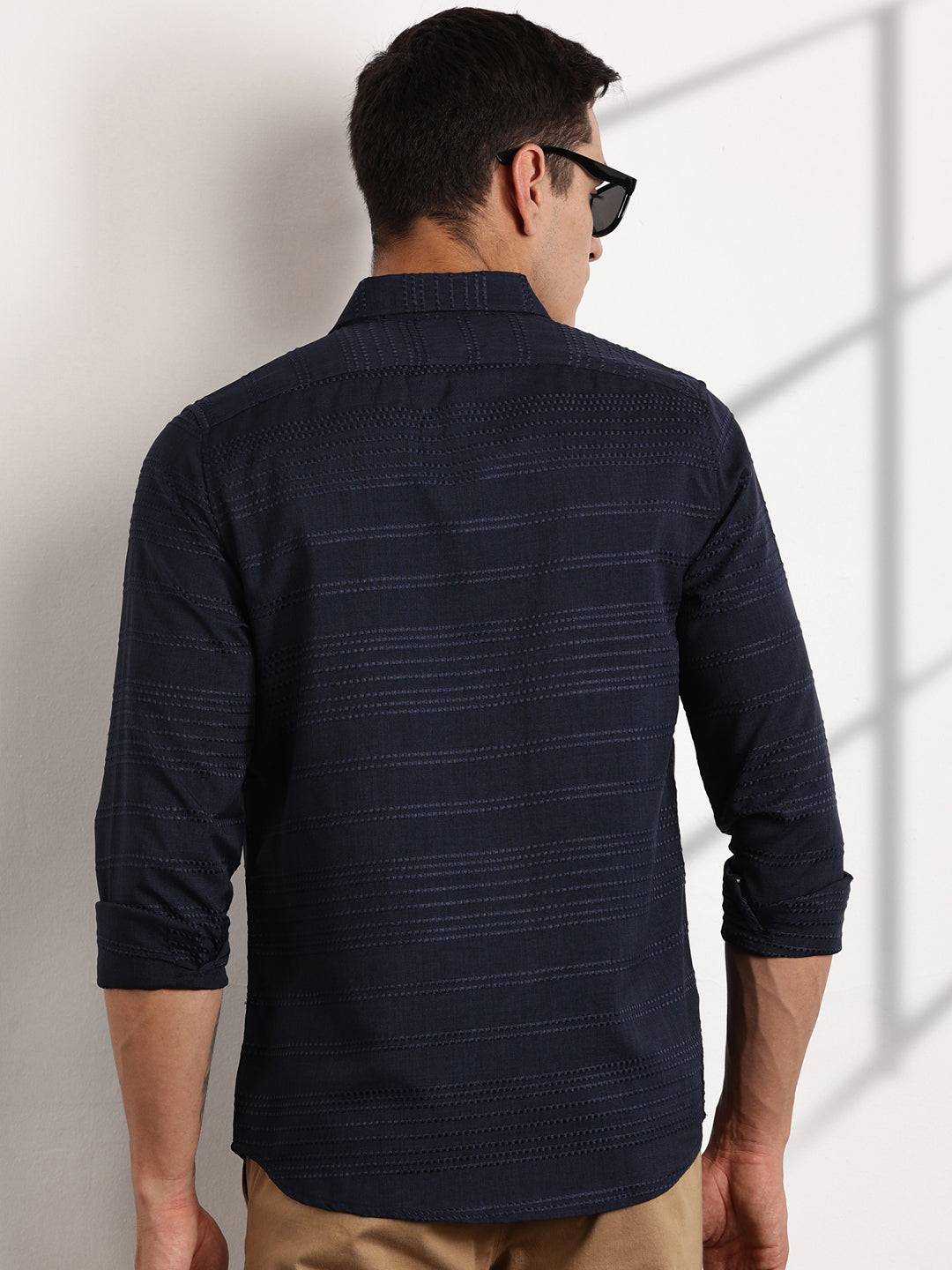 Thomas Scott Men Navy Slim Fit Cutaway Collar Long Sleeves Self Design Casual Shirt
