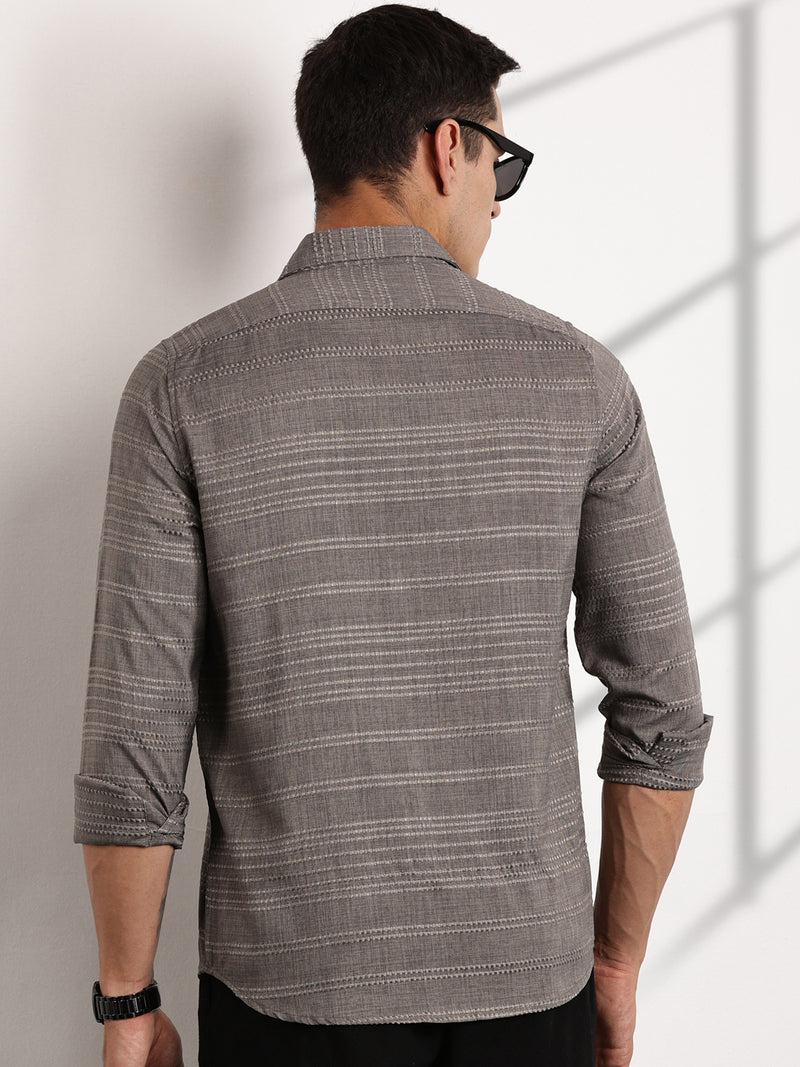 Thomas Scott Men Grey Slim Fit Cutaway Collar Long Sleeves Self Design Casual Shirt