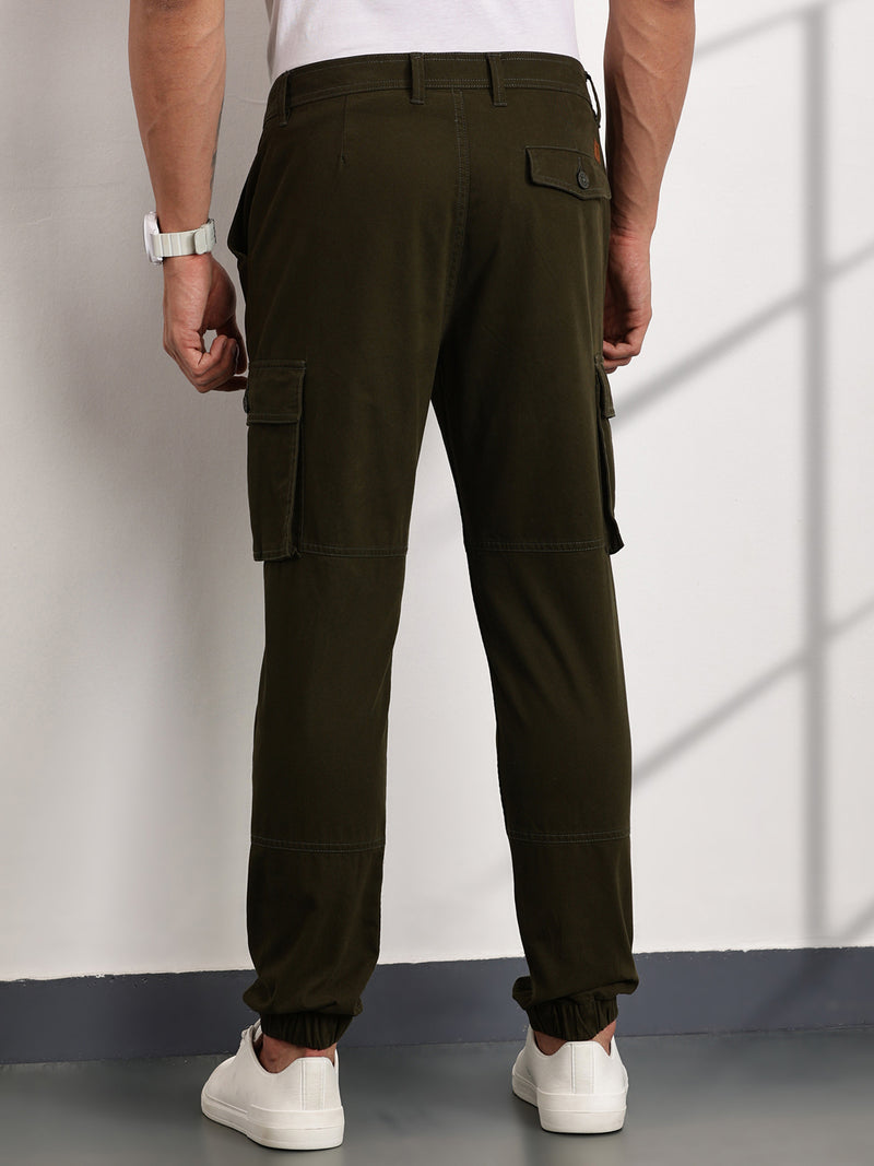 Thomas Scott Men BottleGreen Mid-Rise Slim Fit Woven Cargo Trousers