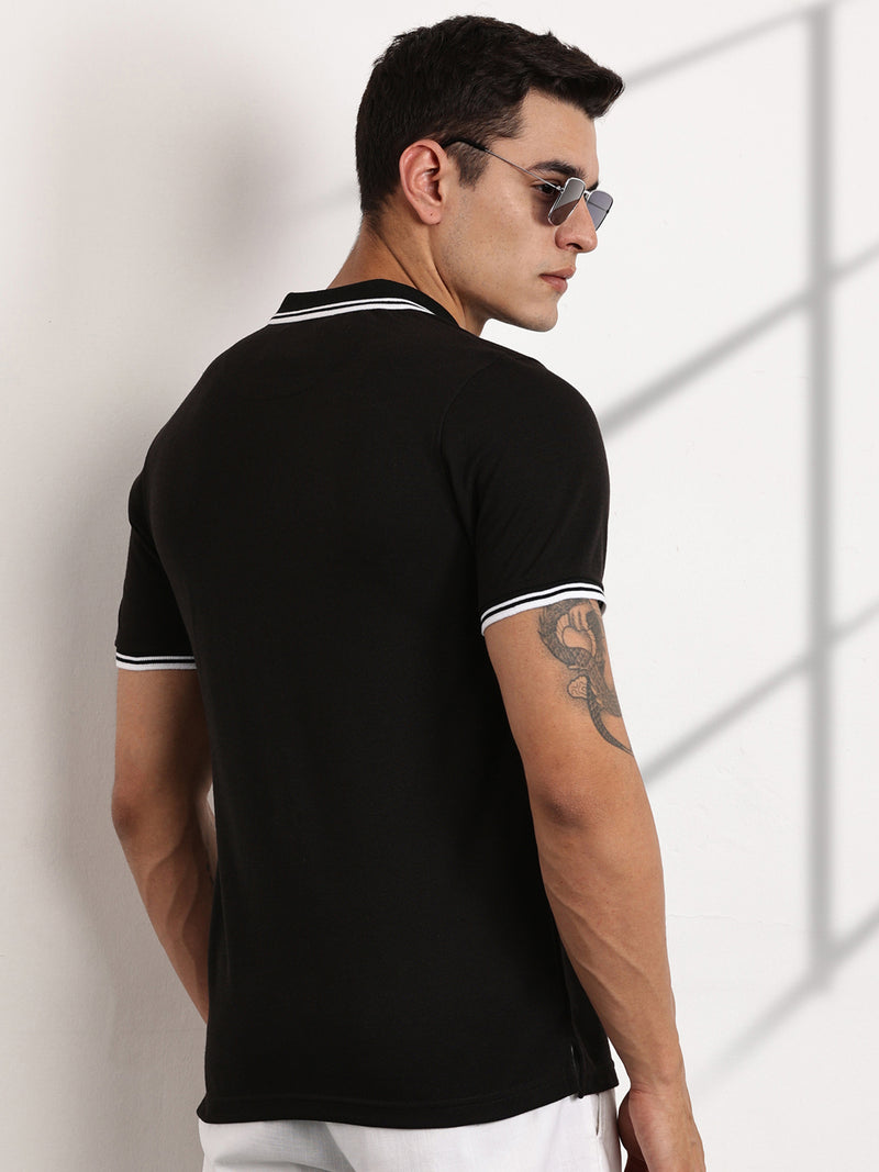 Thomas Scott Men Black Regular Fit Short Sleeves Polo Collar Knit Tshirt