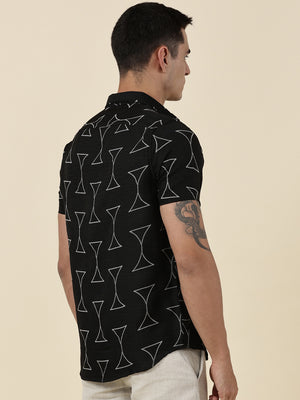 Thomas Scott Men Black Slim Fit Short Sleeves Geometric Print Casual Shirt
