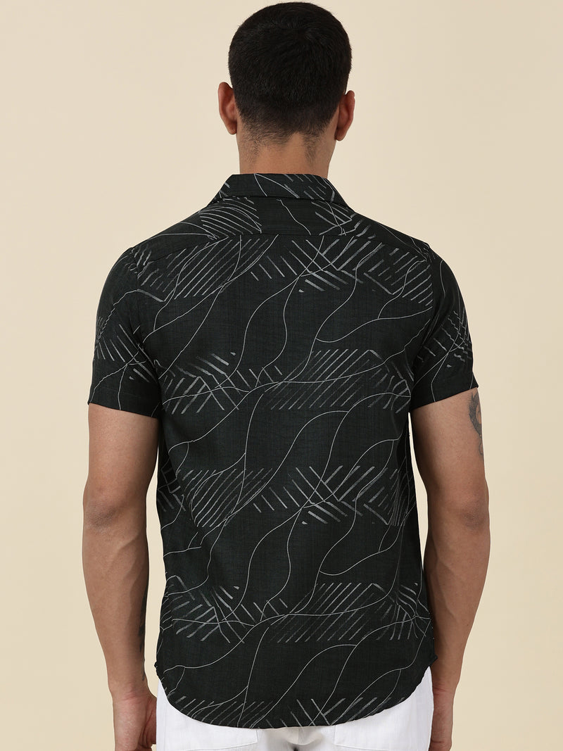 Thomas Scott Men Olive Slim Fit Short Sleeves Abstract Print Casual Shirt