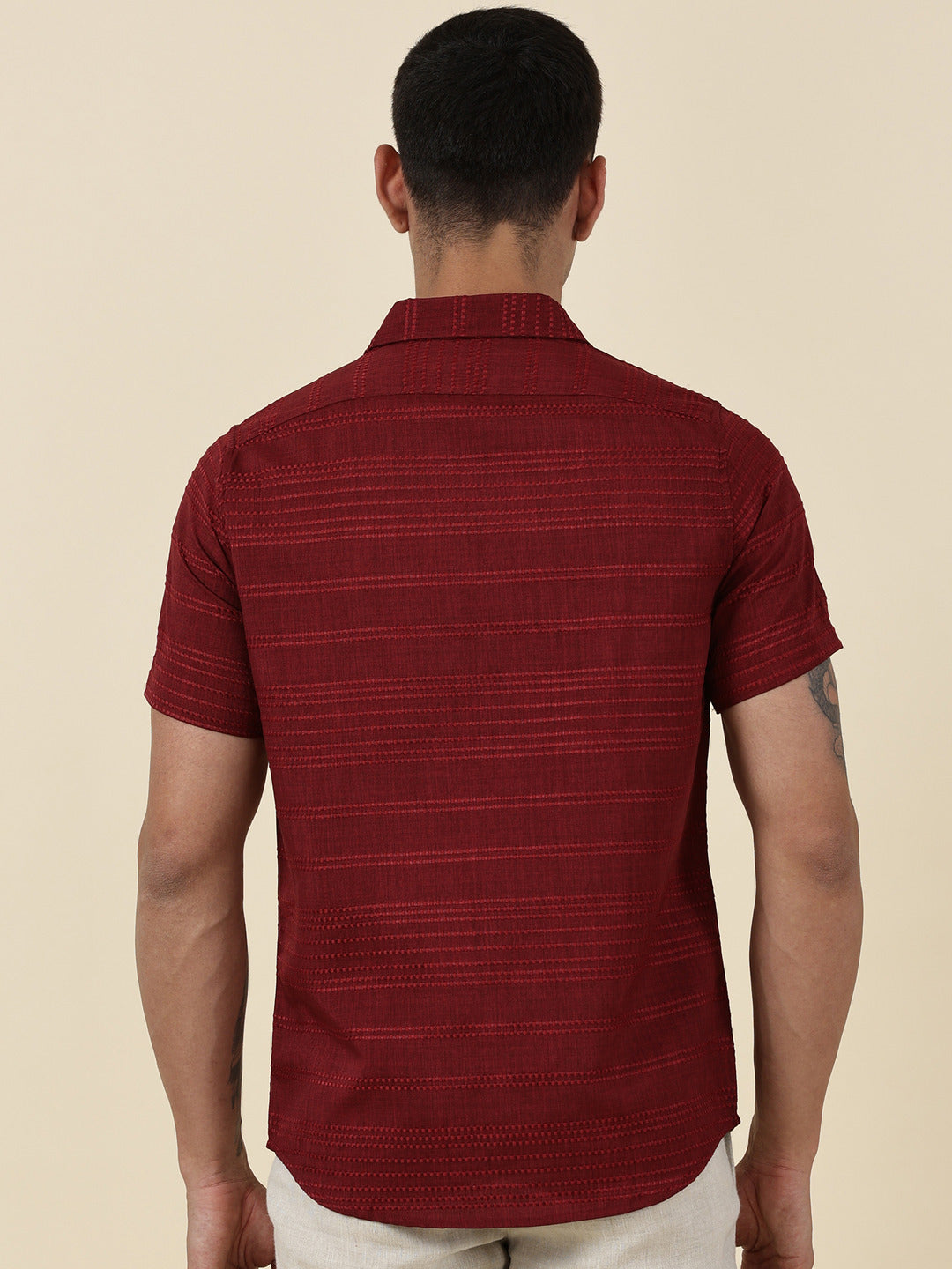 Thomas Scott Men Red Slim Fit Short Sleeves Horizontal Stripes Casual Shirt