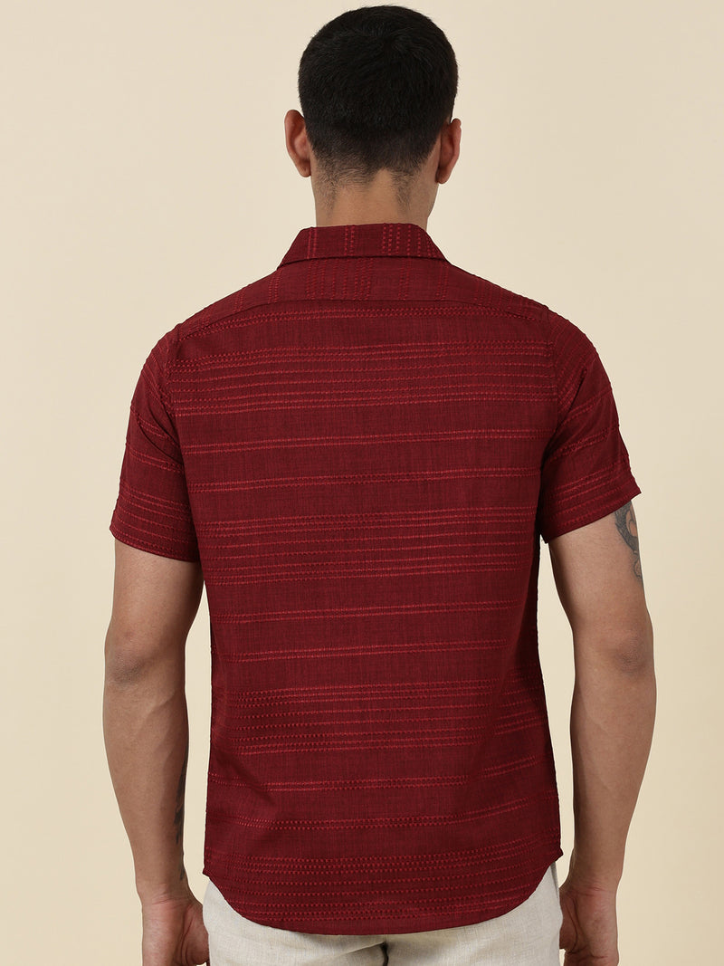Thomas Scott Men Red Slim Fit Short Sleeves Horizontal Stripes Casual Shirt