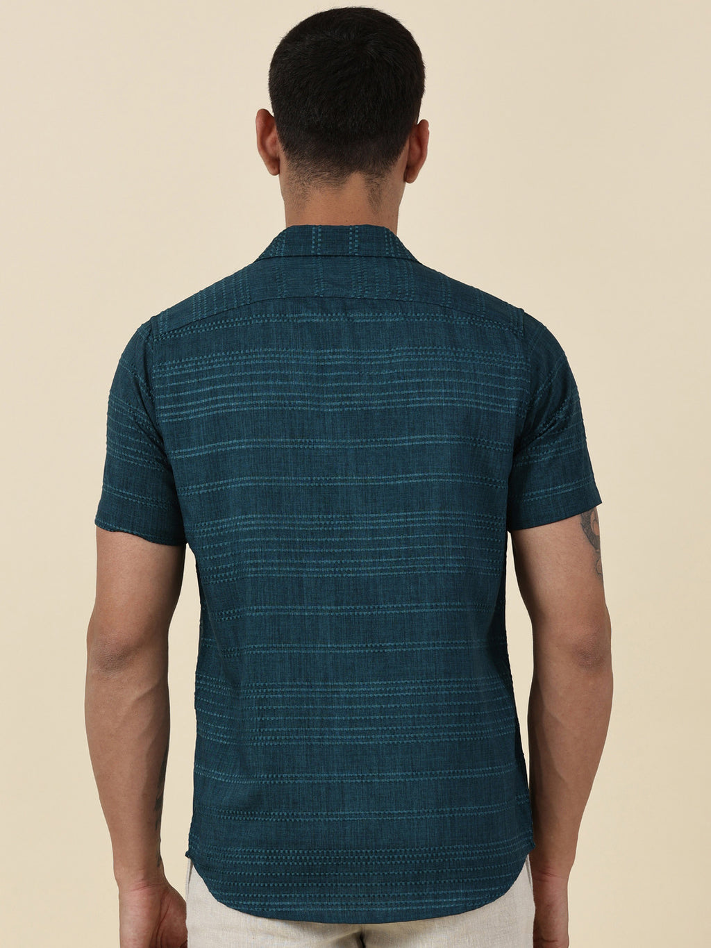 Thomas Scott Men Teal Slim Fit Short Sleeves Horizontal Stripes Casual Shirt