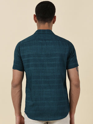 Thomas Scott Men Teal Slim Fit Short Sleeves Horizontal Stripes Casual Shirt