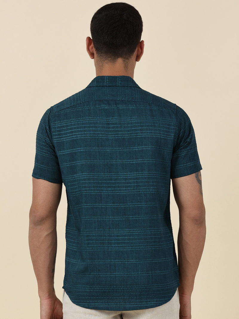 Thomas Scott Men Teal Slim Fit Short Sleeves Horizontal Stripes Casual Shirt