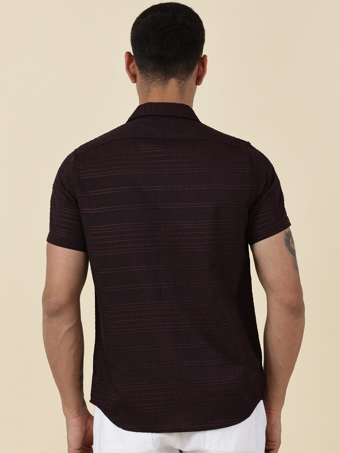 Thomas Scott Men Wine Slim Fit Short Sleeves Horizontal Stripes Casual Shirt