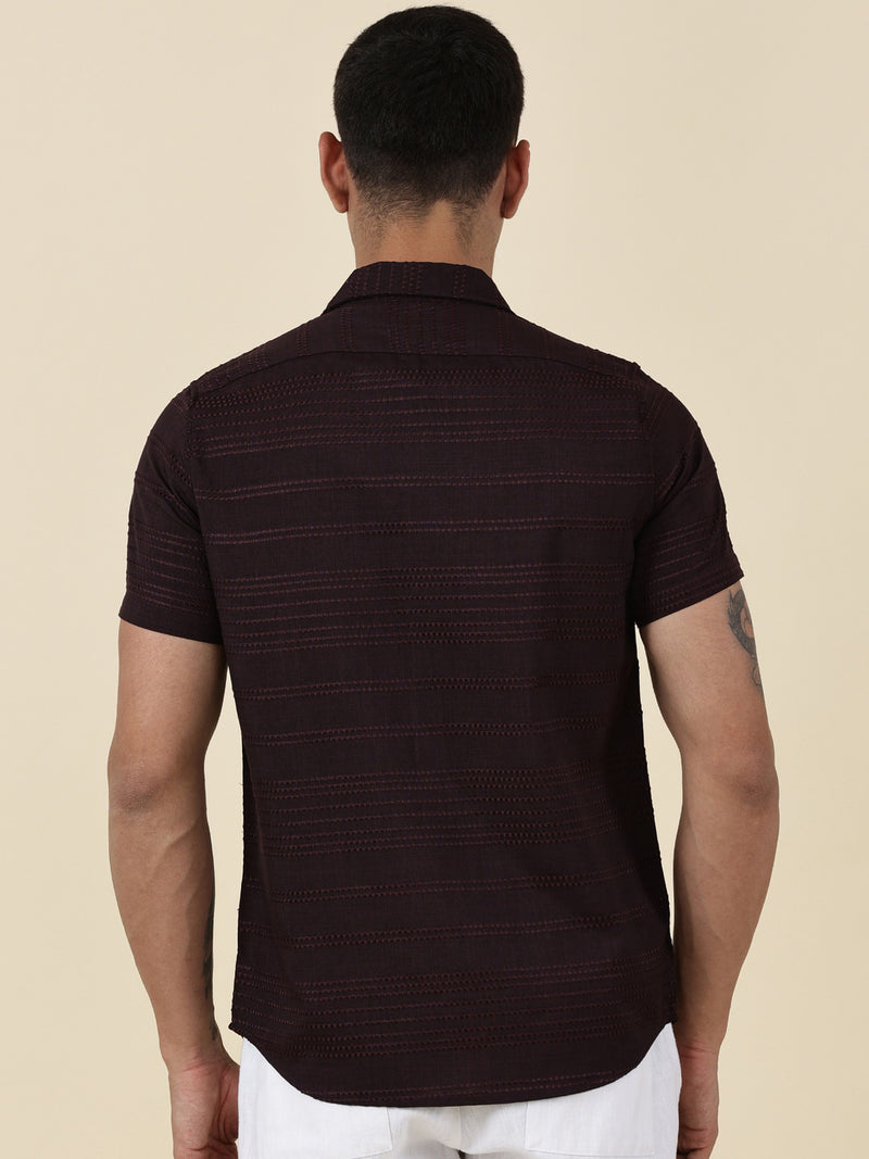 Thomas Scott Men Wine Slim Fit Short Sleeves Horizontal Stripes Casual Shirt