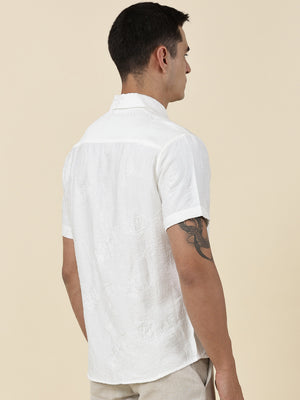 Thomas Scott Men White Regular Fit Short Sleeves Spread Collar Embroidered Shirt