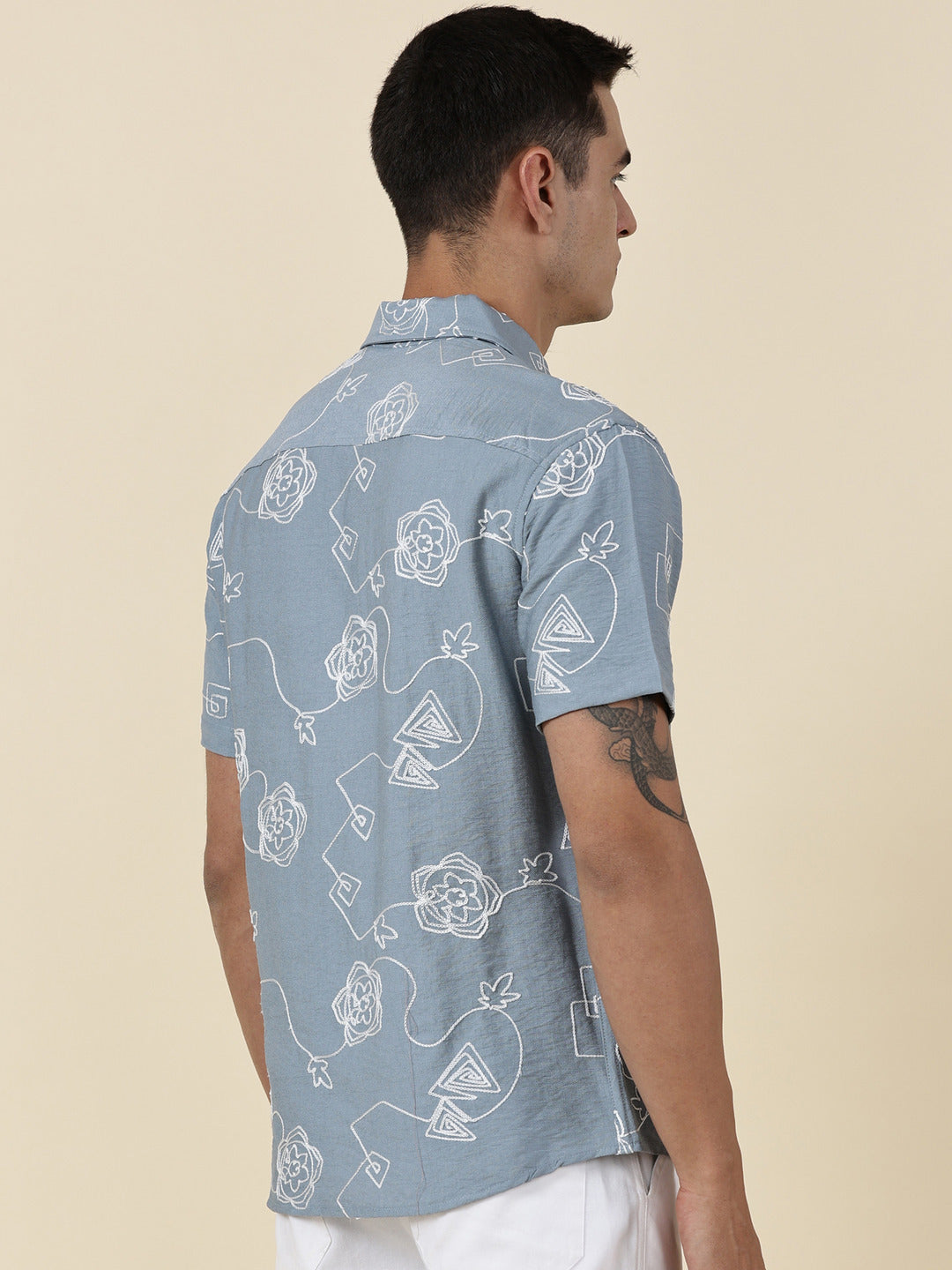 Thomas Scott Men Blue Regular Fit Short Sleeves Spread Collar Embroidered Shirt
