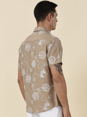 Thomas Scott Men Beige Regular Fit Short Sleeves Spread Collar Embroidered Shirt