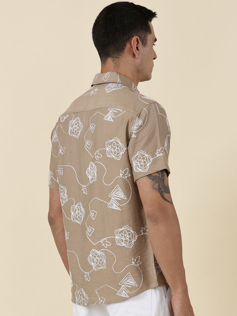 Thomas Scott Men Beige Regular Fit Short Sleeves Spread Collar Embroidered Shirt