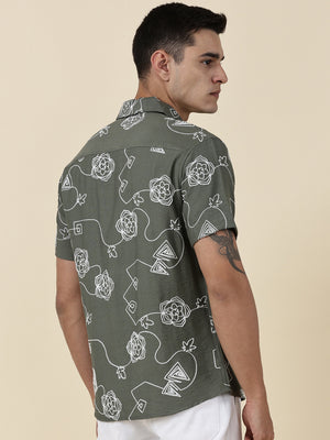 Thomas Scott Men Olive Regular Fit Short Sleeves Spread Collar Embroidered Shirt