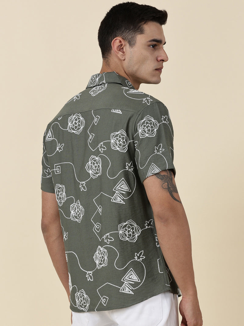Thomas Scott Men Olive Regular Fit Short Sleeves Spread Collar Embroidered Shirt