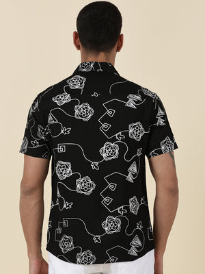 Thomas Scott Men Black Regular Fit Short Sleeves Spread Collar Embroidered Shirt