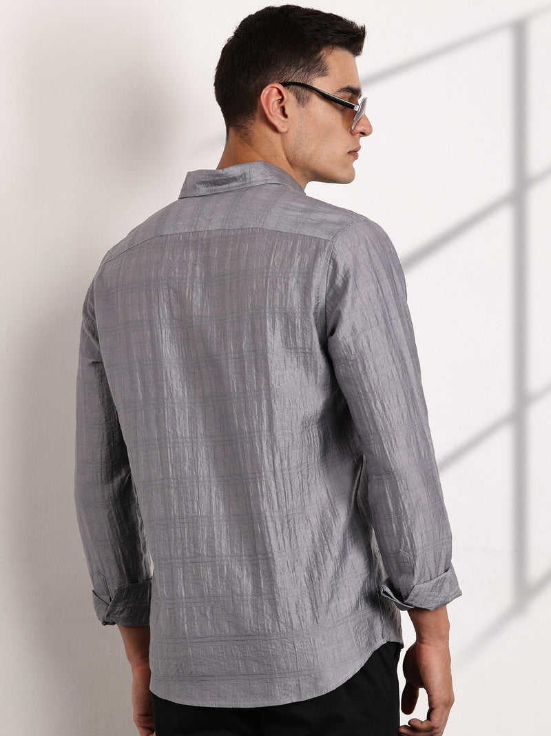 Thomas Scott Men Grey Slim Fit Long Sleeves Horizontal Stripes Casual Shirt