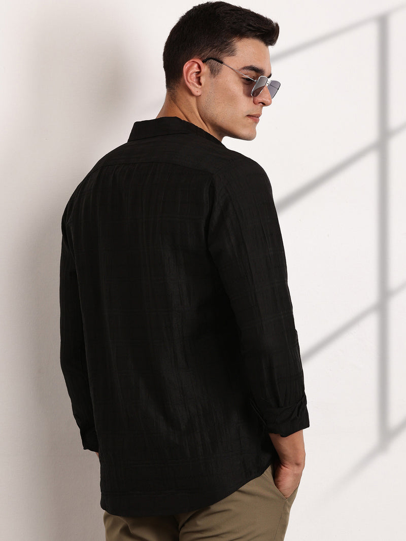 Thomas Scott Men Black Slim Fit Long Sleeves Horizontal Stripes Casual Shirt