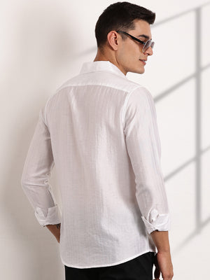 Thomas Scott Men White Slim Fit Long Sleeves Vertical Stripes Casual Shirt