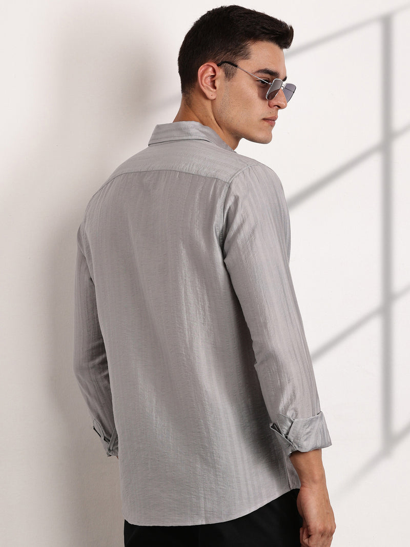 Thomas Scott Men Grey Slim Fit Long Sleeves Vertical Stripes Casual Shirt