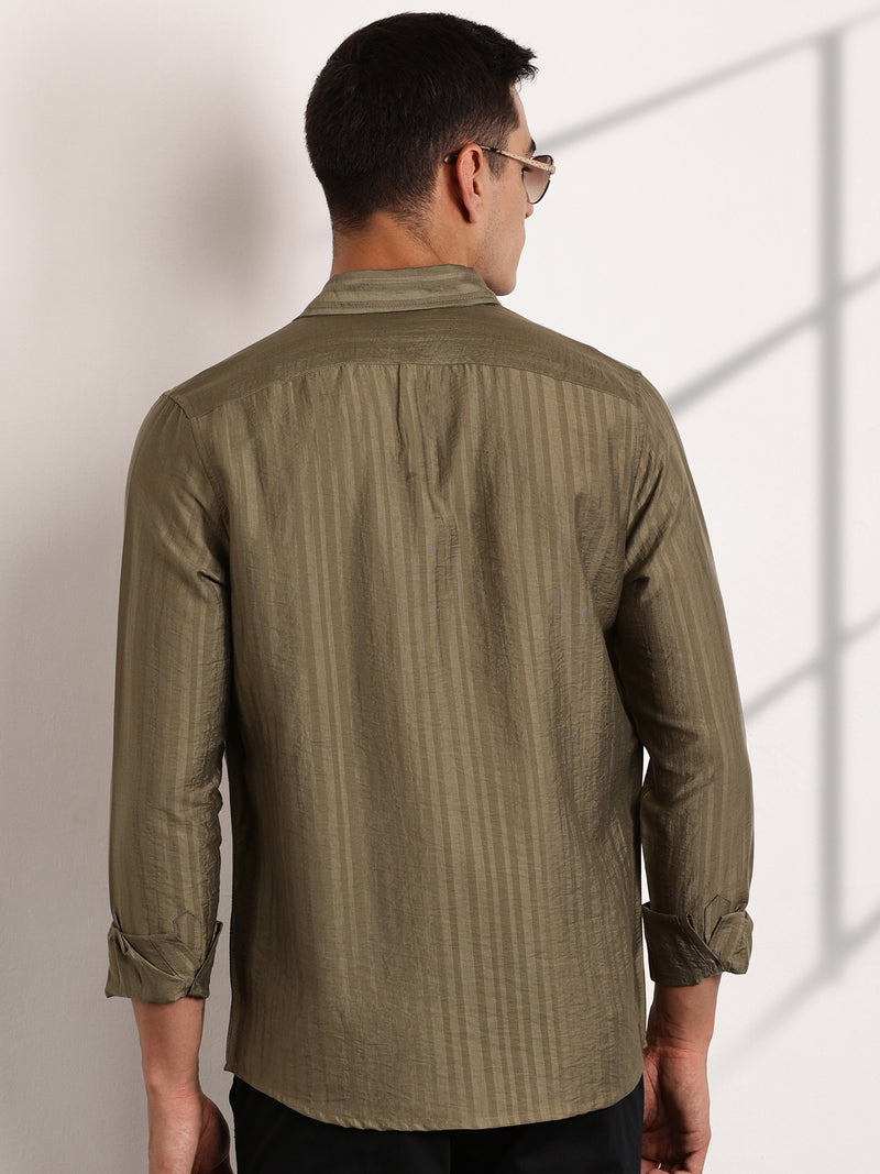 Thomas Scott Men Green Slim Fit Long Sleeves Vertical Stripes Casual Shirt