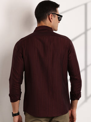 Thomas Scott Men Wine Slim Fit Long Sleeves Vertical Stripes Casual Shirt