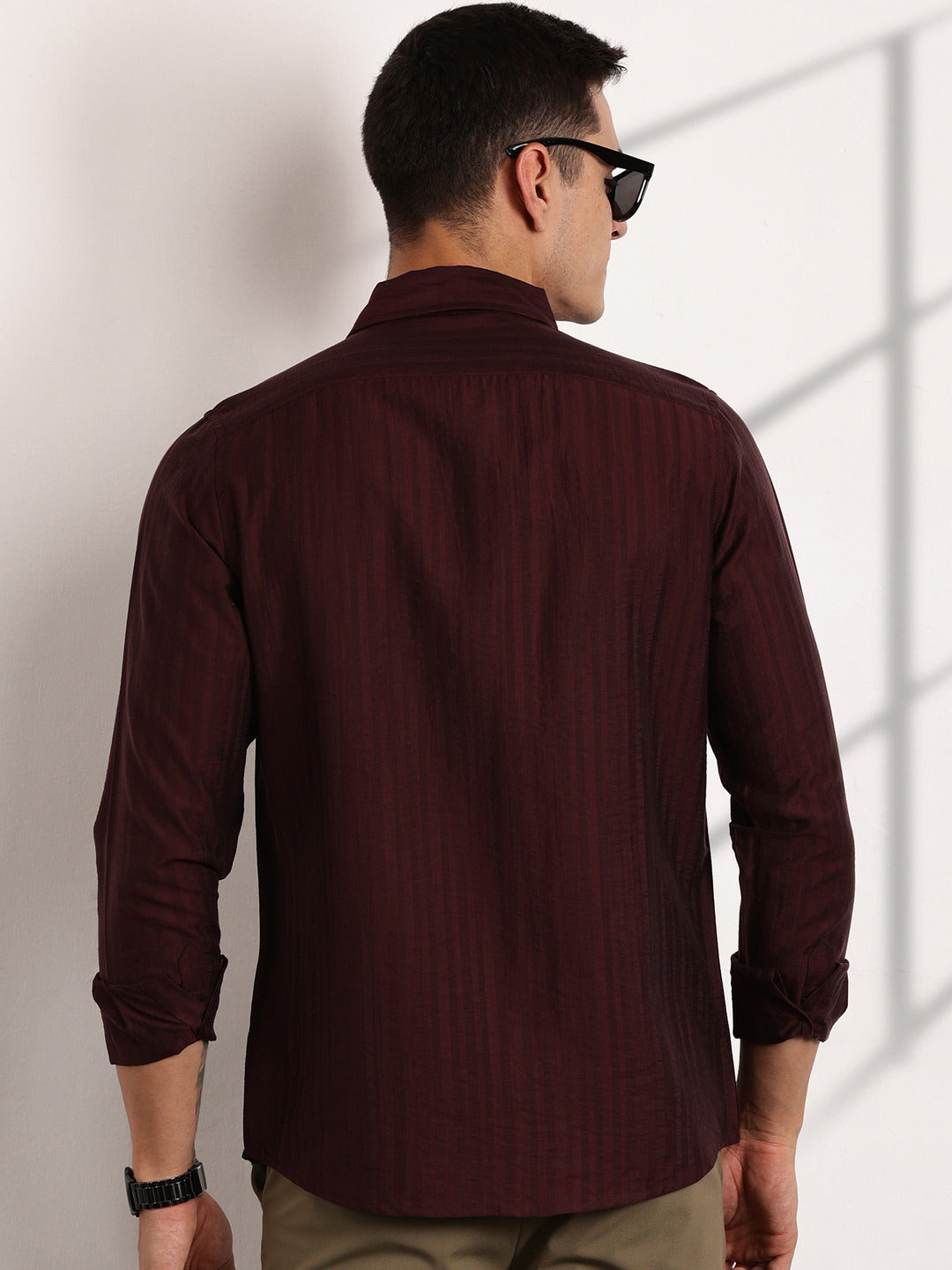 Thomas Scott Men Wine Slim Fit Long Sleeves Vertical Stripes Casual Shirt