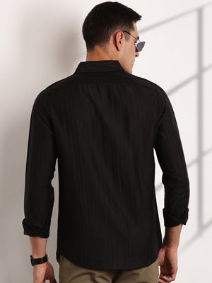 Thomas Scott Men Black Slim Fit Long Sleeves Vertical Stripes Casual Shirt