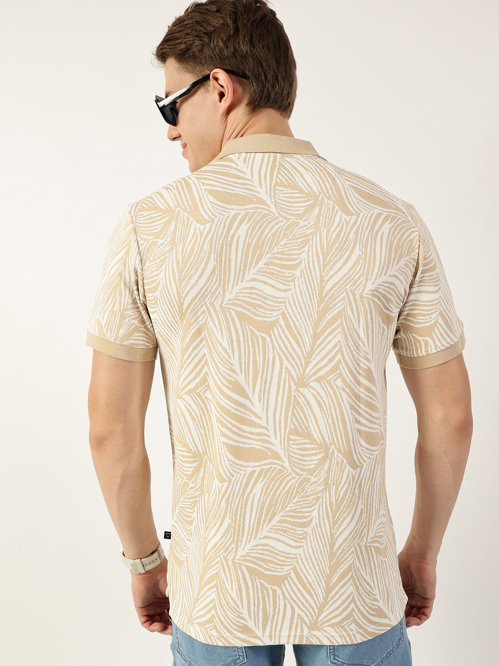 Thomas Scott Men Beige Floral Printed Polo Collar Pockets T-shirt