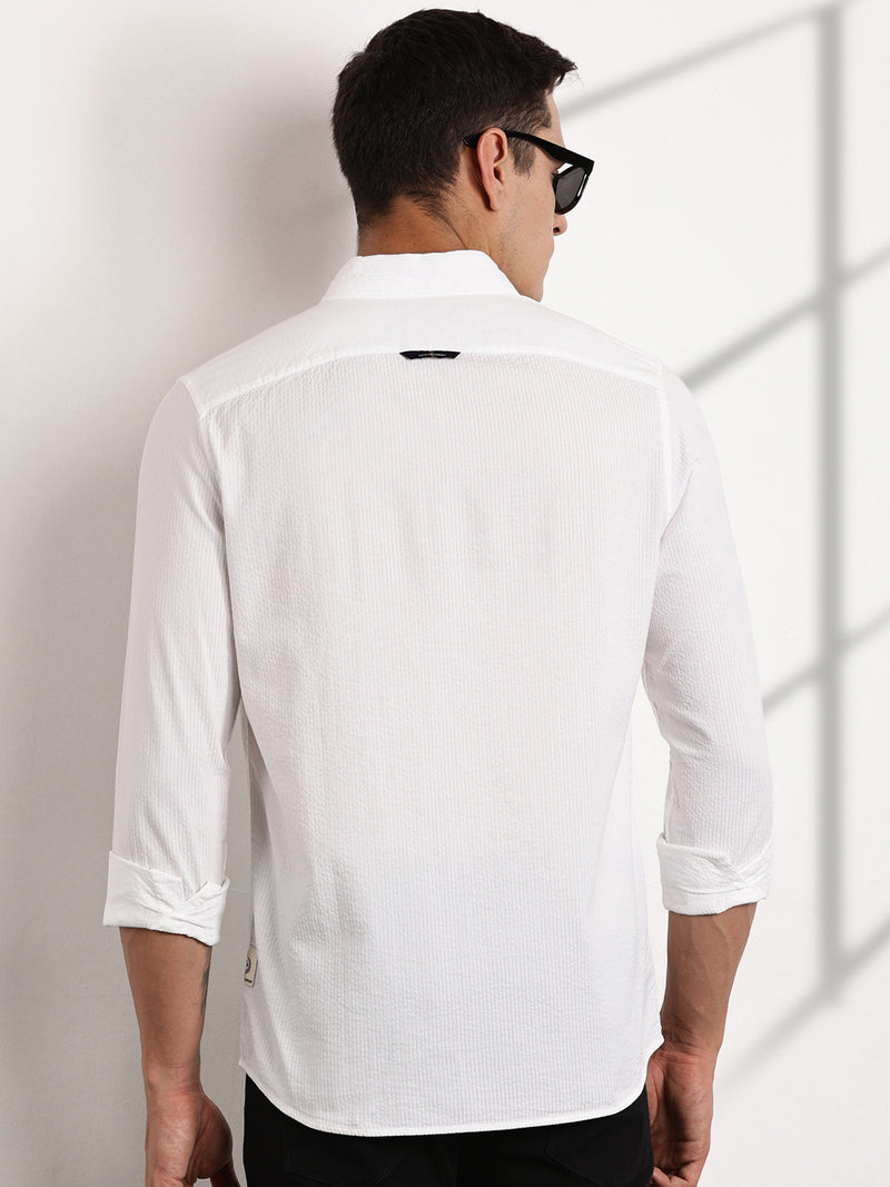 Thomas Scott Men White Reguar Fit Long Sleeves Pinstripes Cotton Casual Shirt