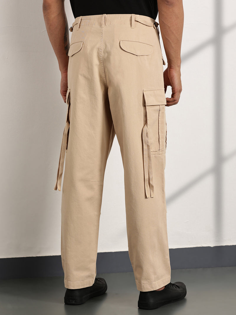 Thomas Scott Men Fawn Mid-Rise Loose Fit Cotton Woven Cargo Trouser