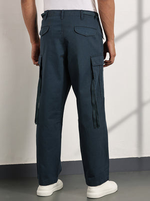 Thomas Scott Men Teal Mid-Rise Loose Fit Cotton Woven Cargo Trouser