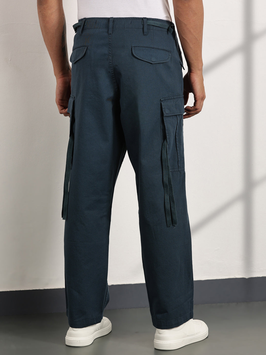 Thomas Scott Men Teal Mid-Rise Loose Fit Cotton Woven Cargo Trouser