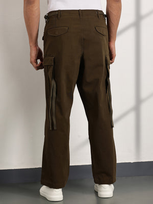 Thomas Scott Men Olive Mid-Rise Loose Fit Cotton Woven Cargo Trouser