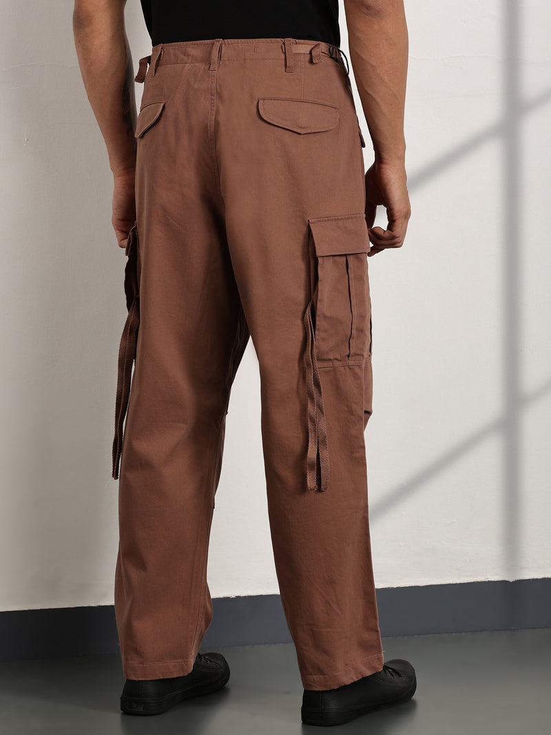 Thomas Scott Men Tan Mid-Rise Loose Fit Cotton Woven Cargo Trouser