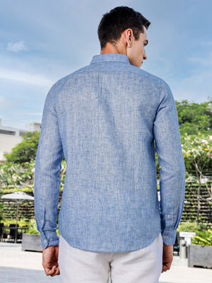 Thomas Scott Men Blue Slim Fit Long Sleeves Pinstripes Linen Casual Shirt