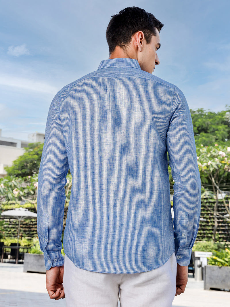 Thomas Scott Men Blue Slim Fit Long Sleeves Pinstripes Linen Casual Shirt