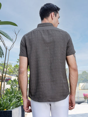 Thomas Scott Men Brown Slim Fit Short Sleeves Windowpane Checks Woven Casual Shirt