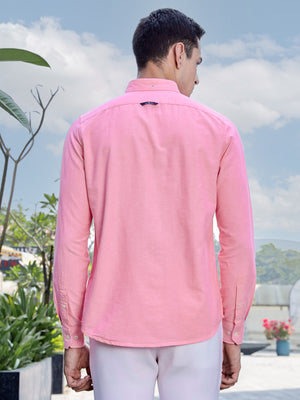 Pink Slim Fit Long Sleeves Button-Down Collar Solid Casual Shirt For Men