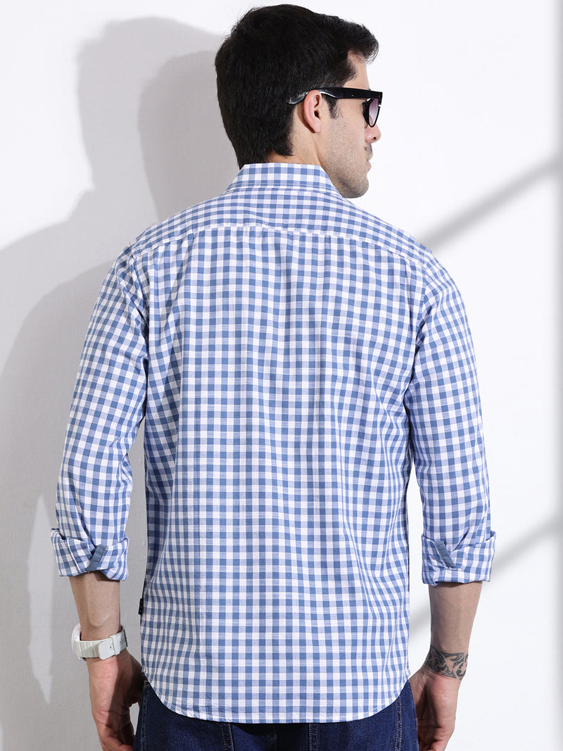 Thomas Scott Men Blue Slim Fit Long Sleeve Gingham Checks Cotton Casual Shirt