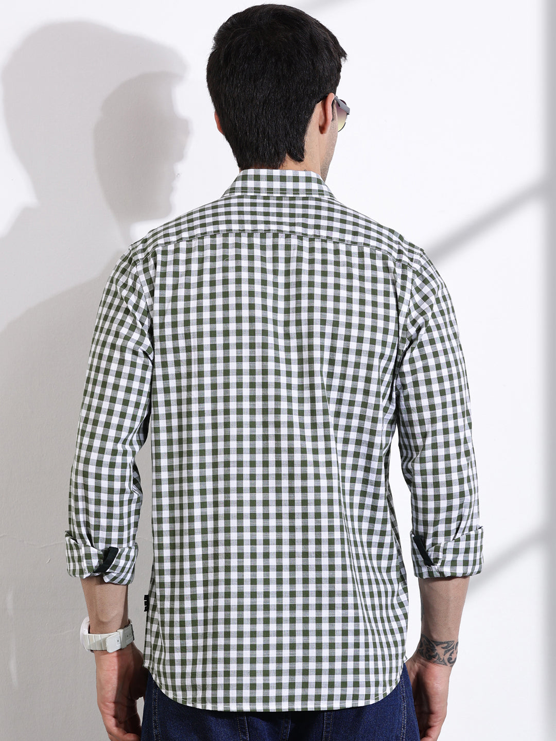 Thomas Scott Men Green Slim Fit Long Sleeve Gingham Checks Cotton Casual Shirt